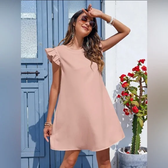 shein dresses dusty pink SHEIN Modelyn Women's Solid Color Ruffled Flare Sleeve Maxi Elegant Dr |  Dress main image 1